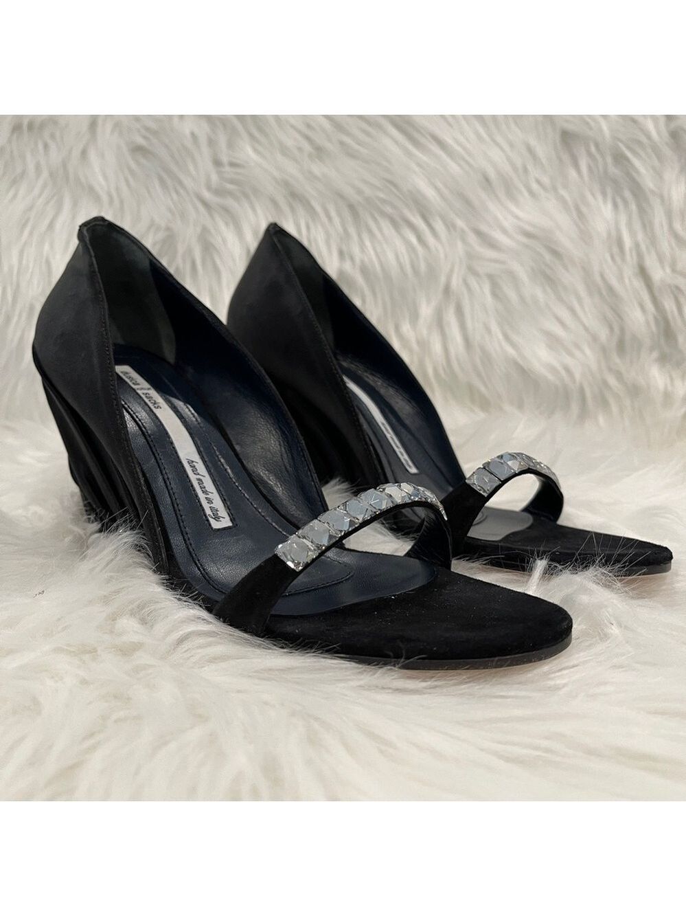 DUSICA SACKS Kotur Leather Black Satin Crystal Detail Peep-Toe Wedge Heel Italy